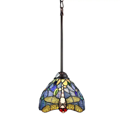 Sunniva Dragonfly Tiffany-Style 1 Light Mini Pendant, hand-crafted glass shade with 111 glass cuts, ideal for hallway or bedside accent lighting.