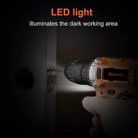 21V Cordless Drill Kit With 2Ah Battery, LED work light illuminating dark working area with 3/8 inch keyless chuck