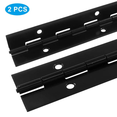 Pro Grade 12 Inch Heavy Duty Piano Hinges Two Pack Black Steel Continuous Cabinet Hardware With 24 Mounting Screws, detailed view of hinges.