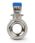 Front view of 3/4-inch ball valve, stainless steel body with blue lever handle, female NPT