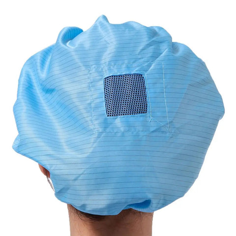 No Sweat Antistatic Work Caps Featuring Ventilated Mesh Window Durable Dust Proof Headgear Four Pack Cleanroom Floor Gear Unisex Sharp Navy Blue Shade For Electronics And Food Processing Zones Today - Mesh window detail on back.