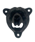 Badass Black Cast Iron Wall Mounted Bottle Cap Opener Featuring Savage Grizzly Bear Teeth Bite Style, front view.
