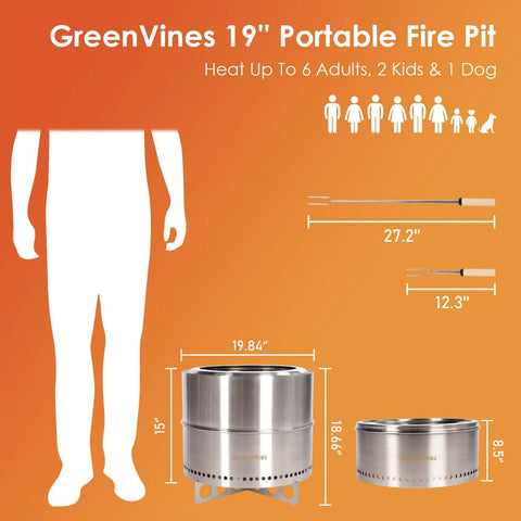 Smokeless Fire Pit 19 Inch Made From 304 Stainless Steel Portable Outdoor Fire Pit With Stand Bag Sticks And Holders For Solo Wood Burning Bonfire Low Smoke shown with size comparison chart, stands at 15 inches.