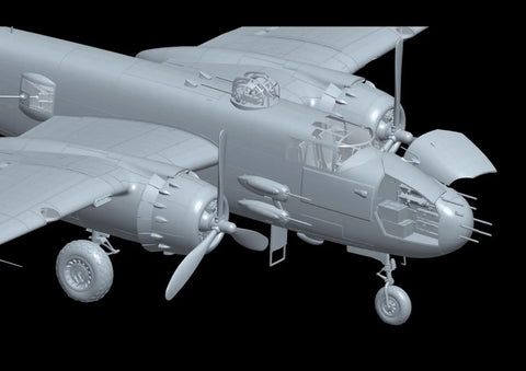 1/32 US Army B-25J Mitchell Strafing Babes Plastic Model Kit With 499 Parts, unpainted assembly close-up of cockpit and engines