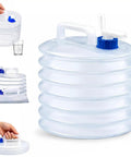 Collapsible Water Container With Spigot For Camping shown expanded and folded, with a hand holding the handle, 10L capacity.