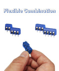 72 Piece Blue PCB Screw Terminal Block Connector Set With 5mm Pitch 2 Pin 3 Pin 4 Pin For Circuit Boards 300V 10A 26 To 14 AWG Wiring Terminals Ideal For DIY Projects And Pro Electronics Builds with connectors held in hand and floating display.