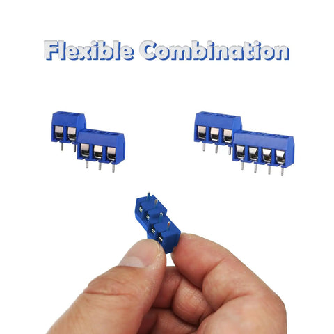 72 Piece Blue PCB Screw Terminal Block Connector Set With 5mm Pitch 2 Pin 3 Pin 4 Pin For Circuit Boards 300V 10A 26 To 14 AWG Wiring Terminals Ideal For DIY Projects And Pro Electronics Builds with connectors held in hand and floating display.