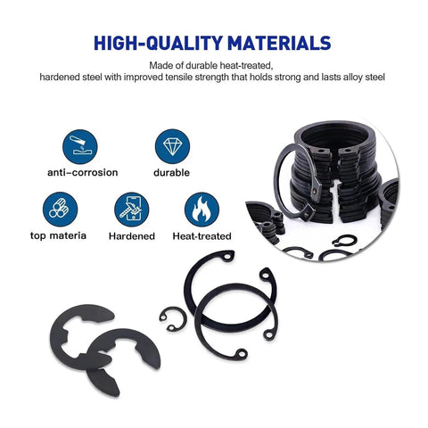 Pro Grade Spring Steel Retaining Rings Kit With 18 Sizes E And C Clips Black Phosphated Anti Rust For Fast Swaps In Shaft Holes And Easy Reassembly In Industrial Electronics Repair, heat-treated black steel rings