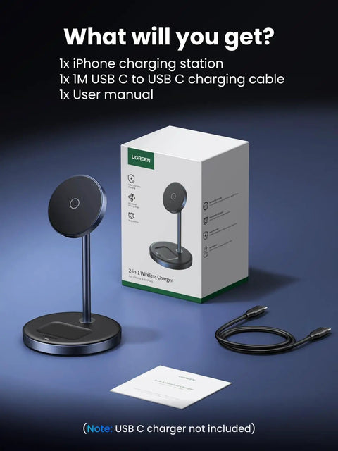 Contents of MagFlow 2in1 Magnetic Wireless Charging Stand Fast Charge For iPhone 17 16 15 14 13 12 Series And AirPods