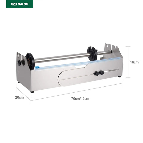 Heavy Duty Stainless Steel Tabletop Stretch Film Dispenser With Smooth Slide Cutter For 16 To 26 Inch Plastic Wrap Rolls, side view with dimensions.