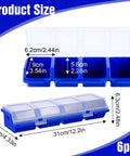 Six Piece Screw Organizer Box With Lids Slanted Opening For Easy Grab And Go Access Four Divider Compartments Locking Latches Handy Garage Toolbox Case For Nails Bolts Small Parts And Hardware shown open and closed with dimensions