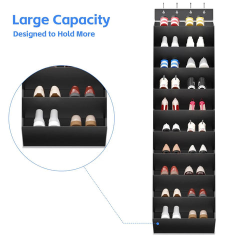 Over The Door Shoe Organizer Rack With Deep Pockets, 10 Tier Hanging Shoe Holder For Sneakers And Boots, showcasing shoe capacity.