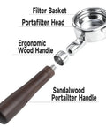 58mm Bottomless Portafilter Featuring Smooth Wood Ergonomic Handle And Double Shot Filter Basket For Breville Oracle Espresso Machines parts view including filter basket, head, and handle.