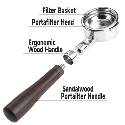 58mm Bottomless Portafilter Featuring Smooth Wood Ergonomic Handle And Double Shot Filter Basket For Breville Oracle Espresso Machines parts view including filter basket, head, and handle.