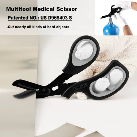 Two Pack Ultra Sharp Trauma Shears For Nurses And Medical Pros, 7.8 Inch 440 Stainless Steel, Ambidextrous And Triple Heat Treated, all-purpose medical scissors shown cutting material