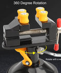 Hella Durable Mini Bench Vise With Bombproof Suction Grip And Flawless 360 Degree Swivel Action showing 360 degree rotation features.