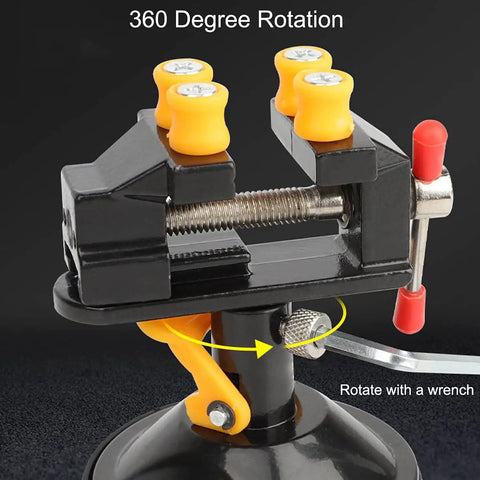 Hella Durable Mini Bench Vise With Bombproof Suction Grip And Flawless 360 Degree Swivel Action showing 360 degree rotation features.