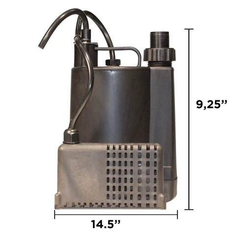 Side view of One Quarter Horsepower Automatic Utility Pump For Basements Spas Small Pools Flat Roofs And Window Wells With Auto Shutoff