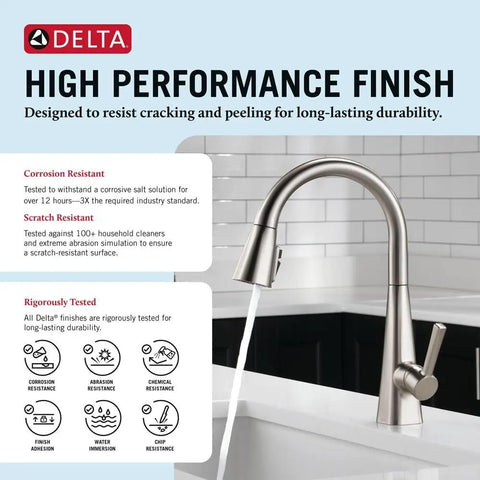 Crisp Brushed Nickel Kitchen Faucet Featuring Heavy Duty Pull Down Sprayer with High Performance Finish and Single Handle Control.