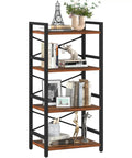 Compact 4 Tier Bookshelf Featuring Heavy Duty Metal Frame And Smooth Wood Shelves organizing books and decor in a modern home office.