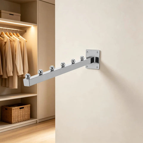 Wall-mounted Slatwall Waterfall Hooks Set With 6 Beads Heavy Duty Aluminum Garment Hanger Rack shown in a home closet.