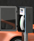 Electric Vehicle Charger Pedestal Stand And Lockable Weatherproof Charging Station Housing with glass door open, steel frame and EV charger.