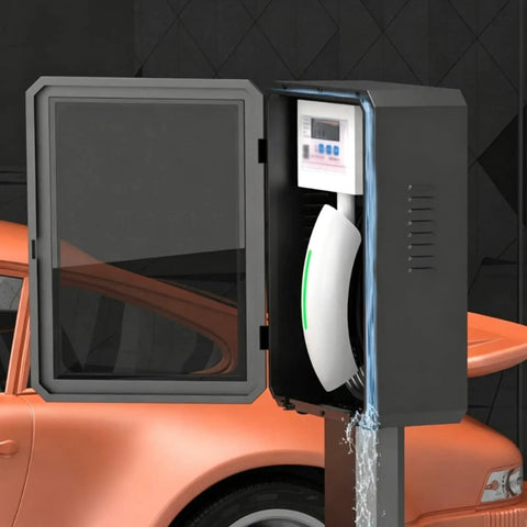 Electric Vehicle Charger Pedestal Stand And Lockable Weatherproof Charging Station Housing with glass door open, steel frame and EV charger.