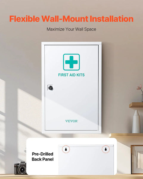 VEVOR 3-shelf wall-mounted white metal first aid cabinet with teal cross logo.