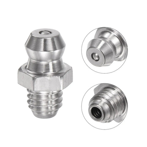 Close-up view of 304 Stainless Steel Grease Fittings Kit Built To Last 15 Pcs Heavy Duty with straight and angled M6x1mm threads.