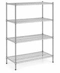 Heavy Duty Chrome Wire Shelving Kit Featuring Four Zero Hassle Adjustable Tiers And Eighty Six Inch Posts in a four-tier design.