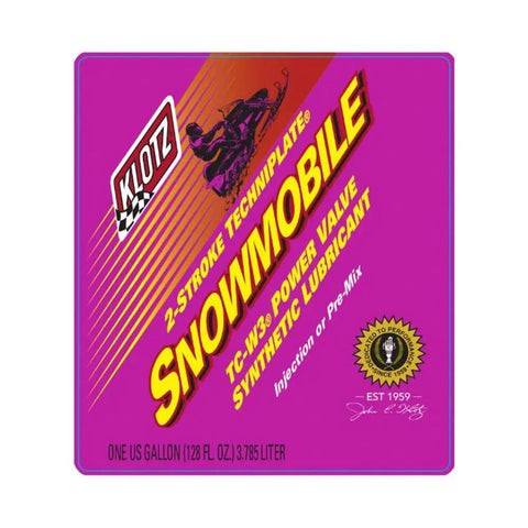 Klotz 2-stroke snowmobile synthetic lubricant label, showing product type and size.