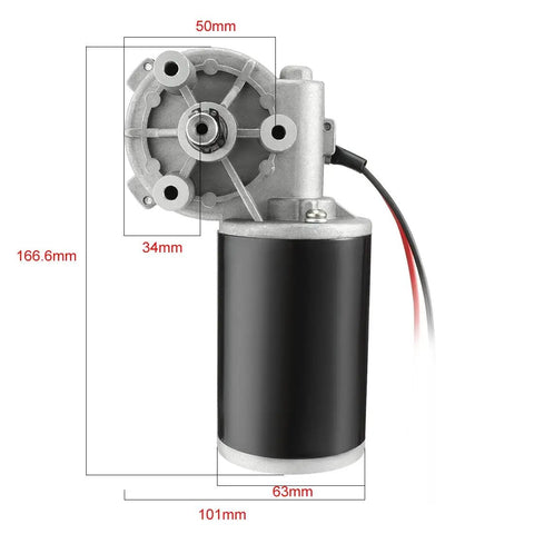 Front view of DC 24V 80W Worm Gear Motor with High Torque 4Nm 160RPM Right Angle Reversible Gearbox, 63mm x 100mm dimensions.