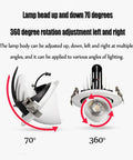 Top Shelf Led Recessed Downlights Adjustable Gimbal Eyeball Spotlight showing 70-degree tilt and 360-degree rotation features.