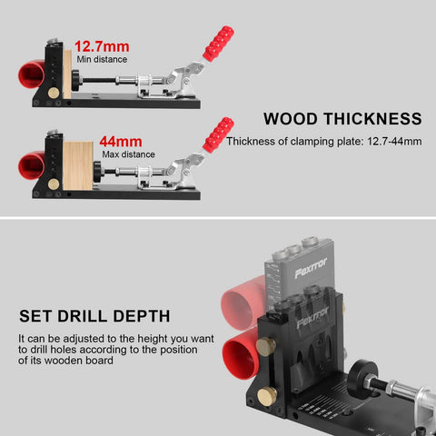 Diagram of Heavy Duty Aluminum Pocket Hole Jig Kit showing wood thickness settings and drill depth adjustment features