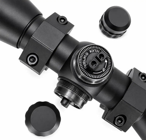 Close-up of 4x32 Hunting Scope For RWS Model 34 22 Caliber Pellet Rifle With Mil Dot Reticle And Dovetail Mount adjustments