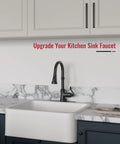 Matte Black Kitchen Faucet With Pull Down Sprayer, 3 Function Spray on a farmhouse sink, vintage single handle shown