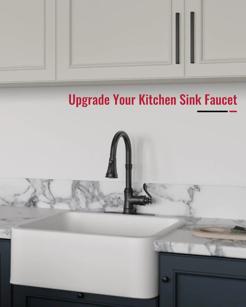 Matte Black Kitchen Faucet With Pull Down Sprayer, 3 Function Spray on a farmhouse sink, vintage single handle shown