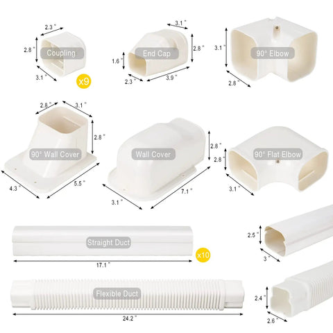 Components of 3 Inch Wide 16.1 Ft Line Set Cover Kit For Mini Split Air Conditioners, Decorative PVC Tubing Cover, DIY Ready Install