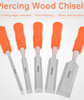 Five Piece Wood Chisel Set With Heavy Duty Steel Hammer Ends And Smooth Ergonomic Grips; 6mm to 32mm sizes for precise woodworking.