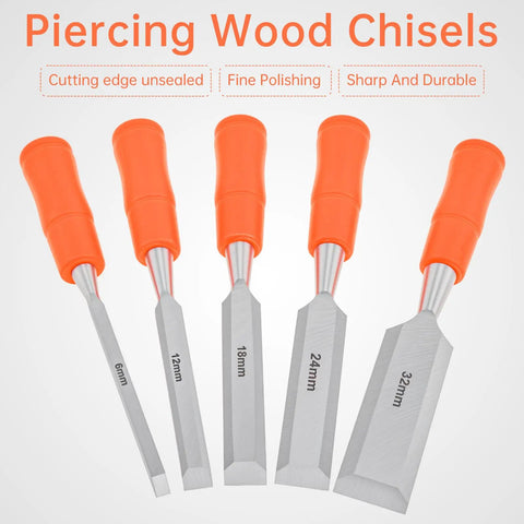 Five Piece Wood Chisel Set With Heavy Duty Steel Hammer Ends And Smooth Ergonomic Grips; 6mm to 32mm sizes for precise woodworking.