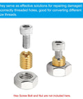 Front view: five-piece brass threaded repair insert nuts with silver bolts and hex nut (M8x1.25 to M6x1).