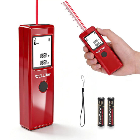 165ft Laser Distance Meter With 1/8 Inch Accuracy, IP54 Handy Laser Measure Tool For DIY Indoor Projects, Ft/In/FT/In/M Units, Great For Quick Area And Volume Calculations, Long Battery Life On 2 AAA Batteries, red handheld device with batteries