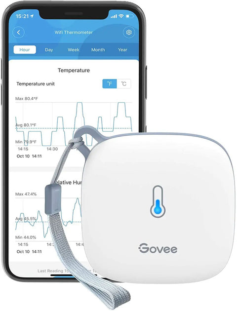 Smart Thermometer Hygrometer With WiFi And App Alerts Real Time Temperature And Humidity Sensor shown with app interface