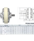 Dual-shaft electromagnetic powder brake/clutch assembly with gray metal housing and beige friction discs, 24V