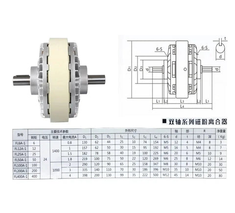 Dual-shaft electromagnetic powder brake/clutch assembly with gray metal housing and beige friction discs, 24V
