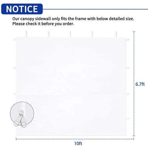 Heavy Duty 300D Oxford Waterproof Canopy Sidewalls 10x10 Pop Up, 3 Pieces With Zipper Panels, dimensions shown; 10ft by 6.7ft.