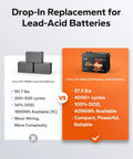 Comparison of Lead-Acid and Heavy Duty 12 Volt LifePO4 Battery 320Ah with specs, highlighting self-heating feature.