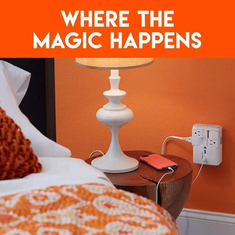 Wall Charger Surge Protector With Four Pivoting AC Outlets And Two USB Ports, 1080 Joules, installed in bedroom corner