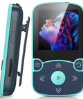 32GB Clip On MP3 Player With Bluetooth 5.3 For Sports, A65 Pedometer Music Player, front and side view, displaying digital artwork
