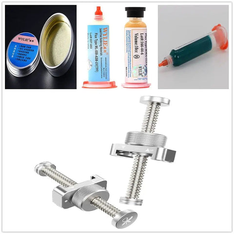 5 Pack BGA Soldering Paste And Flux Kit With UV Light Curing Solder Mask Ink Green Booster For Mobile Phone PCB Repair Set Pro Grade Tools displayed with syringes, tins, and clamps.